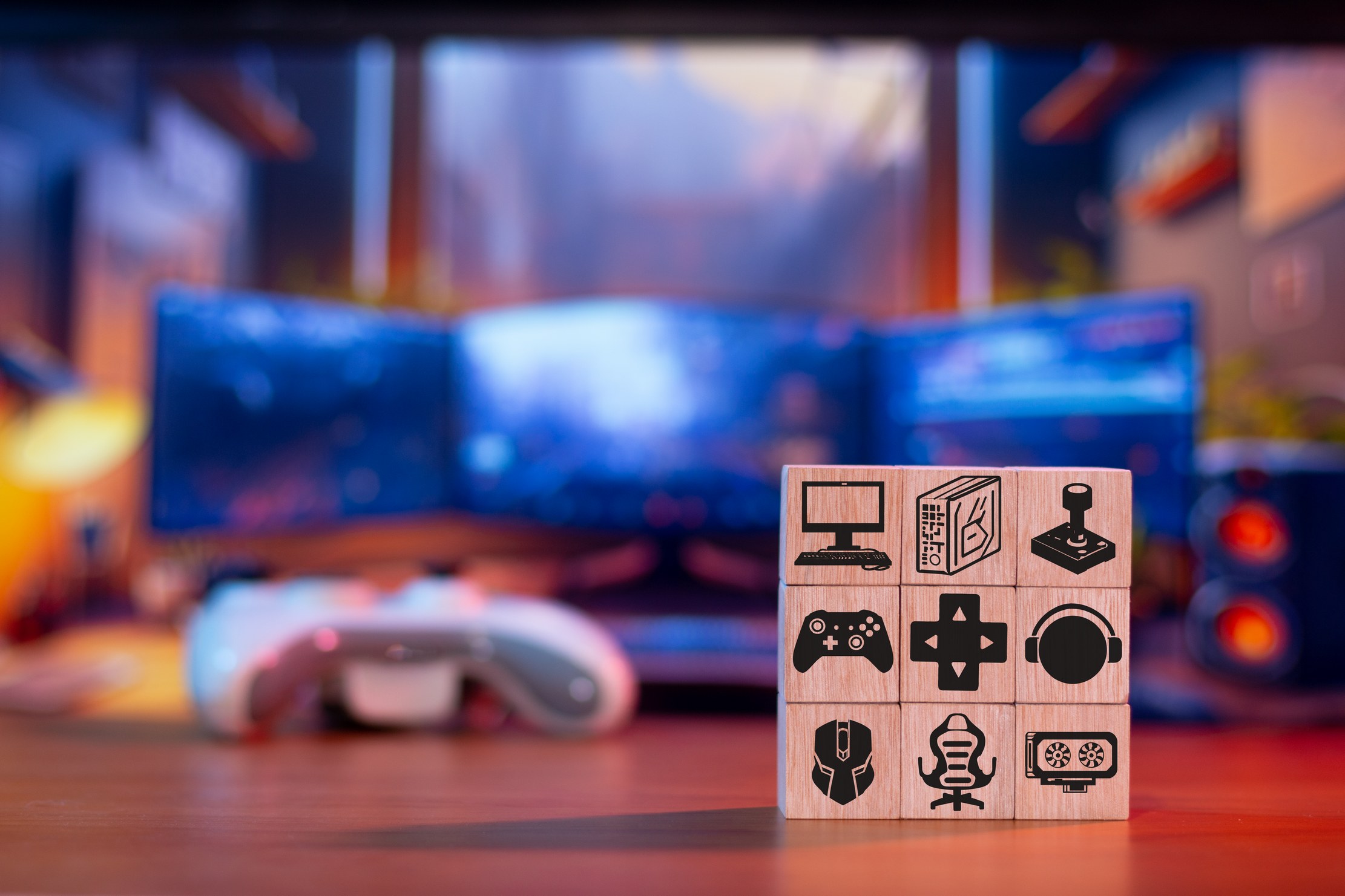 A video game scene on a screen showing a virtual world